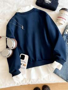 Tween Girls' Navy Blue And White 2 In 1 Sweatshirt,White Collar Chest Design Ribbed Hem Cuffs,Autumn,Casual,School,Back-To-School Fashion Sweatshirt - Navy Blue - View 2