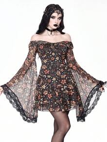 ROMWE Váy xòe hở vai họa tiết lá héo, bướm đêm, hoa, sao và nấm cổ điển Gothic - Nhiều màu - Xem 7