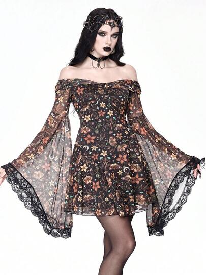 Goth Vestido con estampado todo sobre de hoja marchita, polilla, floral, estrella y seta con mangas acampanadas y hombros descubiertos en estilo gótico vintage