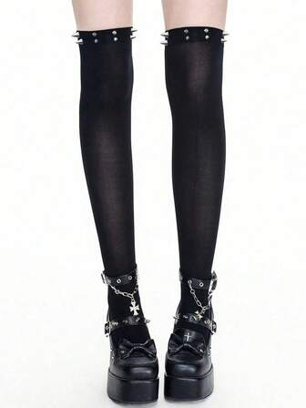 Goth 1 Paar Punk-Stil Nieten Overknee Socken, Y2K schwarze Kniestrümpfe, Frühling und Sommer Overknee Socken, modisch und einzigartige Strumpfhosen