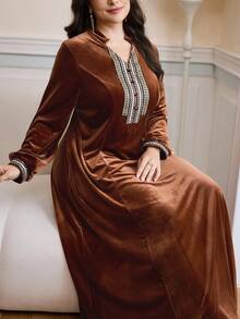 Al Najma Plus Size Women Elegant Vintage Ribbon Decor Arabic Style Velvet  Dress Dress Modest Winter/Fall - Coffee Brown - View 7