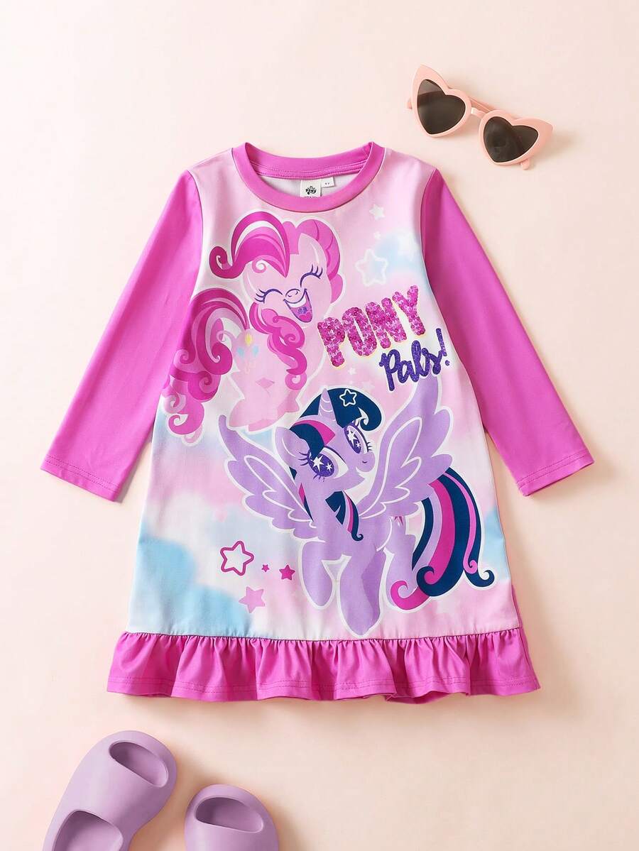 My Little Pony X SHEIN 年轻女孩梦幻甜美小马印花针织圆领荷叶边下摆睡裙，秋冬 - 粉色 - 查看 1