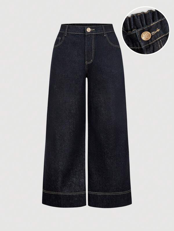 SHEIN MOD Plus Size Fashion Casual Wide Leg Jeans Jeans Wide Leg Women Jeans Baggy Loose Jeans Western Jeans Winter Clothes For Women Christmas Outfit For Women New Year Women Pants Graduation Pants Chic Pants For Women Versatile Women's Cropped Wide Leg Jeans In Dark Wash Denim For Everyday Wear