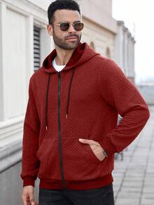 Manfinity Homme Áo nỉ có mũ trùm đầu màu trơn tay dài có khóa kéo phía trước cỡ lớn dành cho nam - Màu Đỏ Sâu - Xem 4