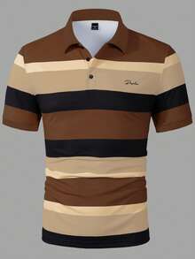 Manfinity Homme 男士字母對比條紋短袖休閒通勤 Polo 衫，時尚夏季款 - 棕色 - 查看 6