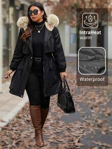 Calvaya Plus Size Drawstring Waist Fluffy Collar Hooded Parka Jacket, For Thanksgiving, Winter Clothes - Black - View 4
