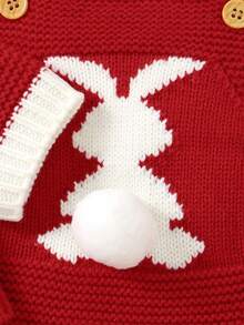 SHEIN 3 Pieces Baby Boy Girl Knitted Set,Cute Red And White Rabbit Bib Pants Jumpsuit,Long Sleeve Collared Sweater Romper With Hat,Autumn Winter Outfit - Red - View 5