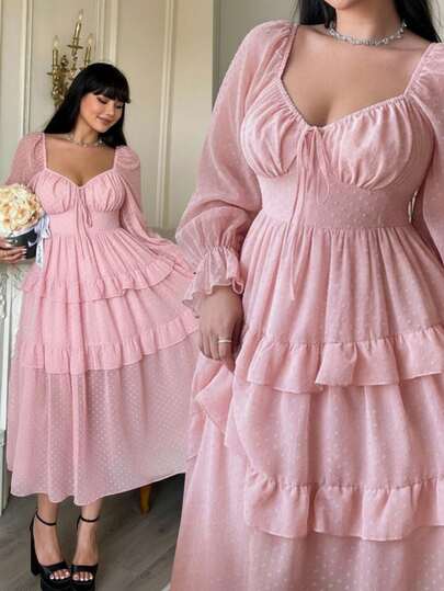 Lyrianda New Elegant Chiffon Textured Polka Dot Bow Decor Bust Cup Long Sleeve A-Line Dress, Waist Cinching, Flounce Hem, Slimming