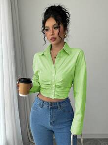 Elenzga Áo sơ mi dài tay nhún bèo kẻ sọc thường ngày dành cho nữ, mùa xuân - Màu xanh Bạc hà - Xem 3