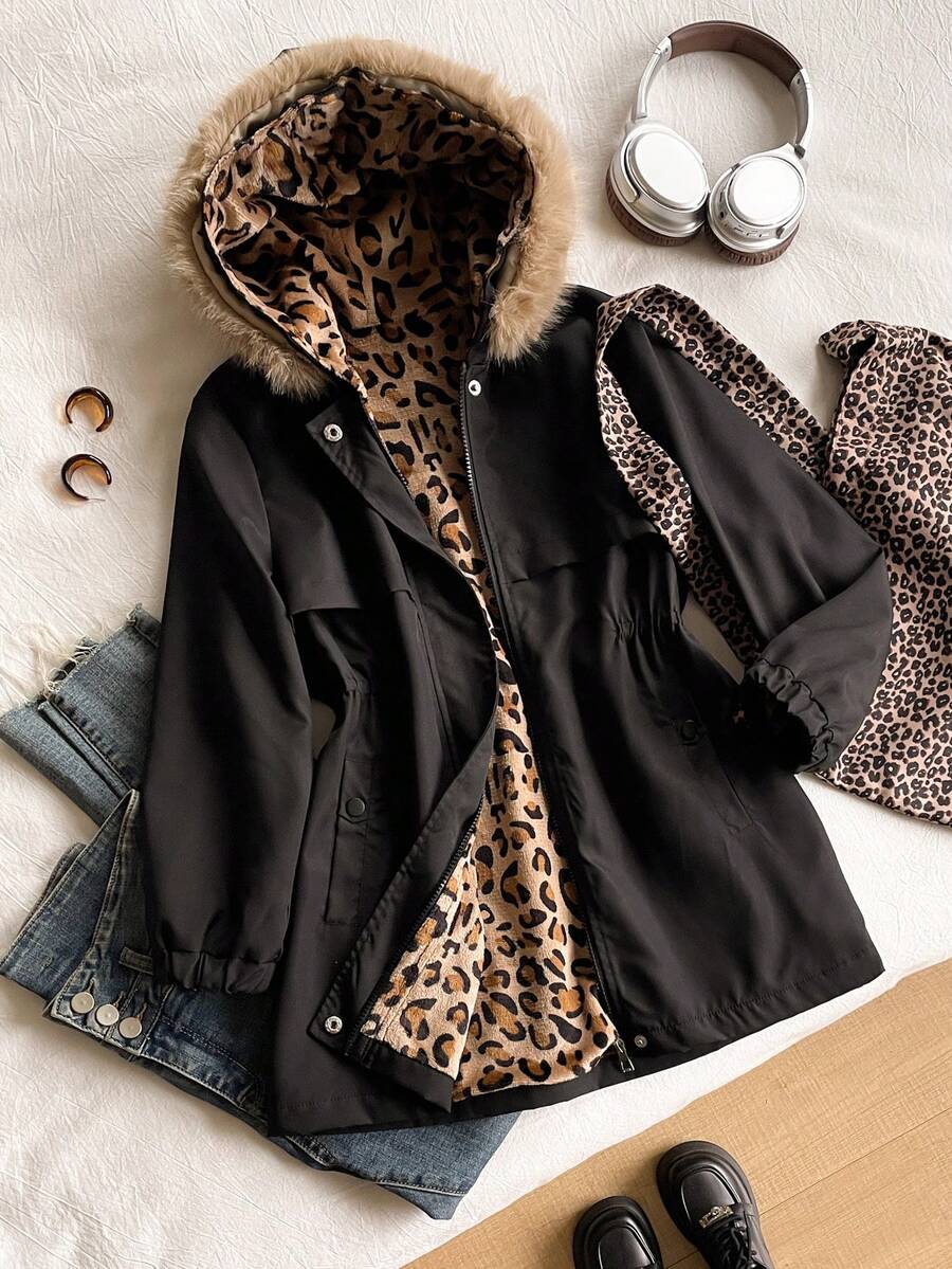 Chaqueta larga para exteriores de niña preadolescente con cuello de piel, elegante y minimalista, con forro térmico grueso, adecuada para otoño/invierno, fiesta, color caqui - Negro - Ver 1