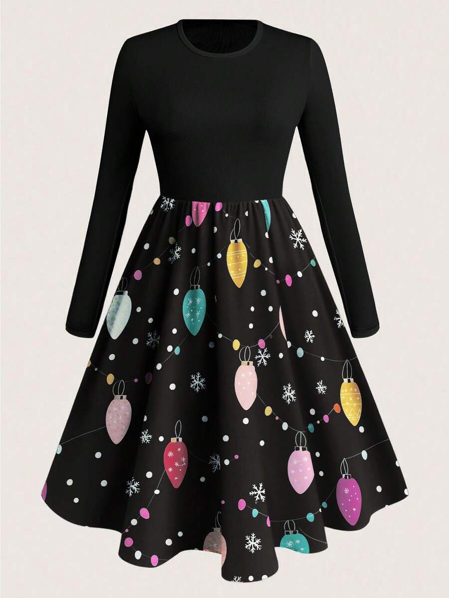 EMERY ROSE Plus Size Women Solid Color Round Neck Ribbed Top & Cartoon Print Dress - Multicolor - View 1