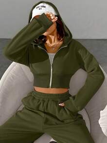 SHEIN EZwear 2件組女款休閒軍綠色拉鍊連帽外套與長褲套裝，冬季穿搭，秋季女裝，女款冬季兩件式套裝 - 軍綠色 - 查看 4