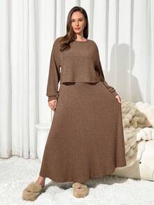 Auralis Plus Size Casual Solid Color Top And Skirt 2 Pieces Set, Brown/ Spring - Brown - View 6
