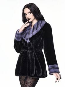 ROMWE Grunge Punk Women's Contrast Color Lapel Long Sleeve Belted Faux Fur Jacket - Black - View 4