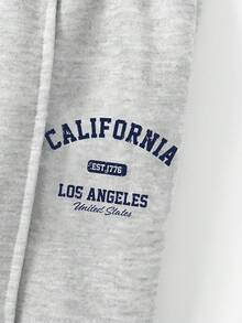 SHEIN Girlism 少女休闲校园街头风英文字母数字图案圆领卫衣搭配褶皱阔腿直筒裤针织运动套装，灰色返校装 - 淺灰色 - 查看 5