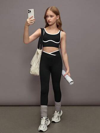 SHEIN 少女瑜伽撞色无缝运动套装健身紧身裤两件套运动两件套健身服两件套运动套装活力两件套黑色两件套运动套装