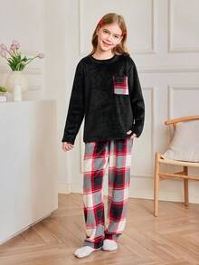 SHEIN 2pcs Girls Flannel Plaid Print Pajama Set, Long Sleeve Top And Pants