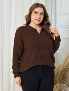 Lacomfia Plus Size Solid Color Casual Pullover Sweater, Autumn/Winter - Coffee Brown - View 4
