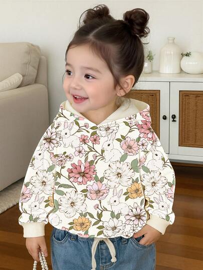 SHEIN Playful Pals Sudadera informal y elegante para niña con estampado artístico de flores y conejos, cómoda y ligera para otoño/invierno/primavera, adecuada para uso casual, vuelta al colegio, picnic al aire libre, fotografía callejera, campus, vacaciones, regalos