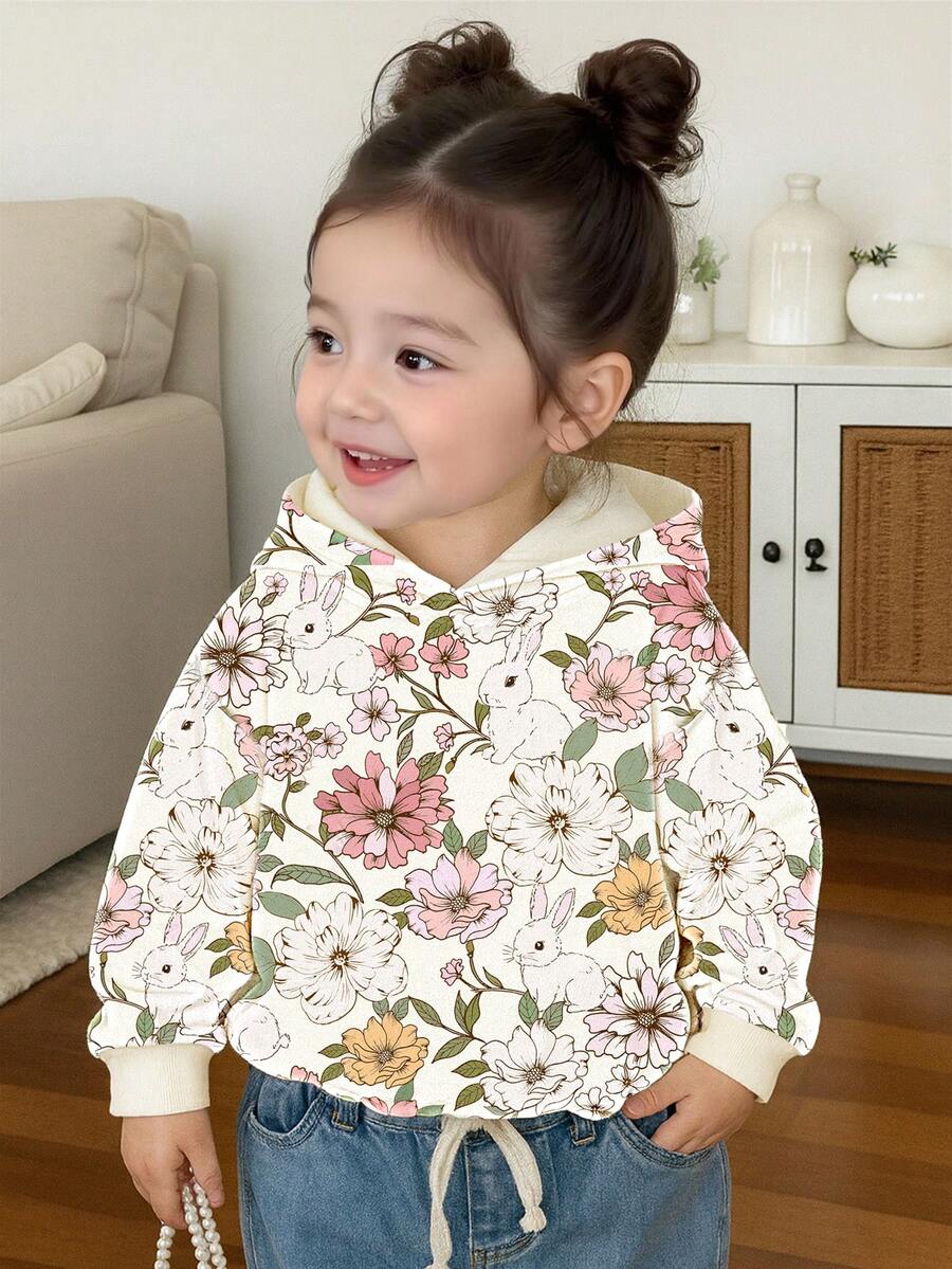 SHEIN Playful Pals 女婴休闲时尚可爱彩色艺术花卉兔子图案卫衣,舒适套头衫,适合秋冬春季穿着,轻盈保暖,适合休闲穿着、返校、户外野餐、街头摄影、校园、假期、送礼等场合。 - 彩色 - 查看 1