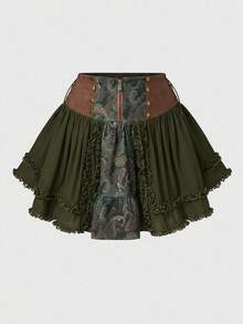 ROMWE Fairycore Váy midi vải cổ điển cỡ lớn - Màu xanh lá cây đậm - Xem 1