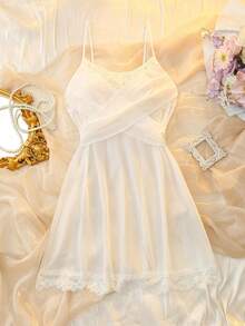 DelicateAllure Mature Sexy Lace Chiffon Slip Dress For Women Sexy Nightgown Sexy Sleep Dress Spaghetti Strap Lace Nightgown White Babydoll Lingerie - White - View 6