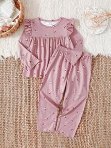 SHEIN 2 Stücke/Set Elegantes Mädchen Ditsy Blumen Rundhals Langarm Top und Hose, bequemer Pyjama Set - Pink - Übersicht 1