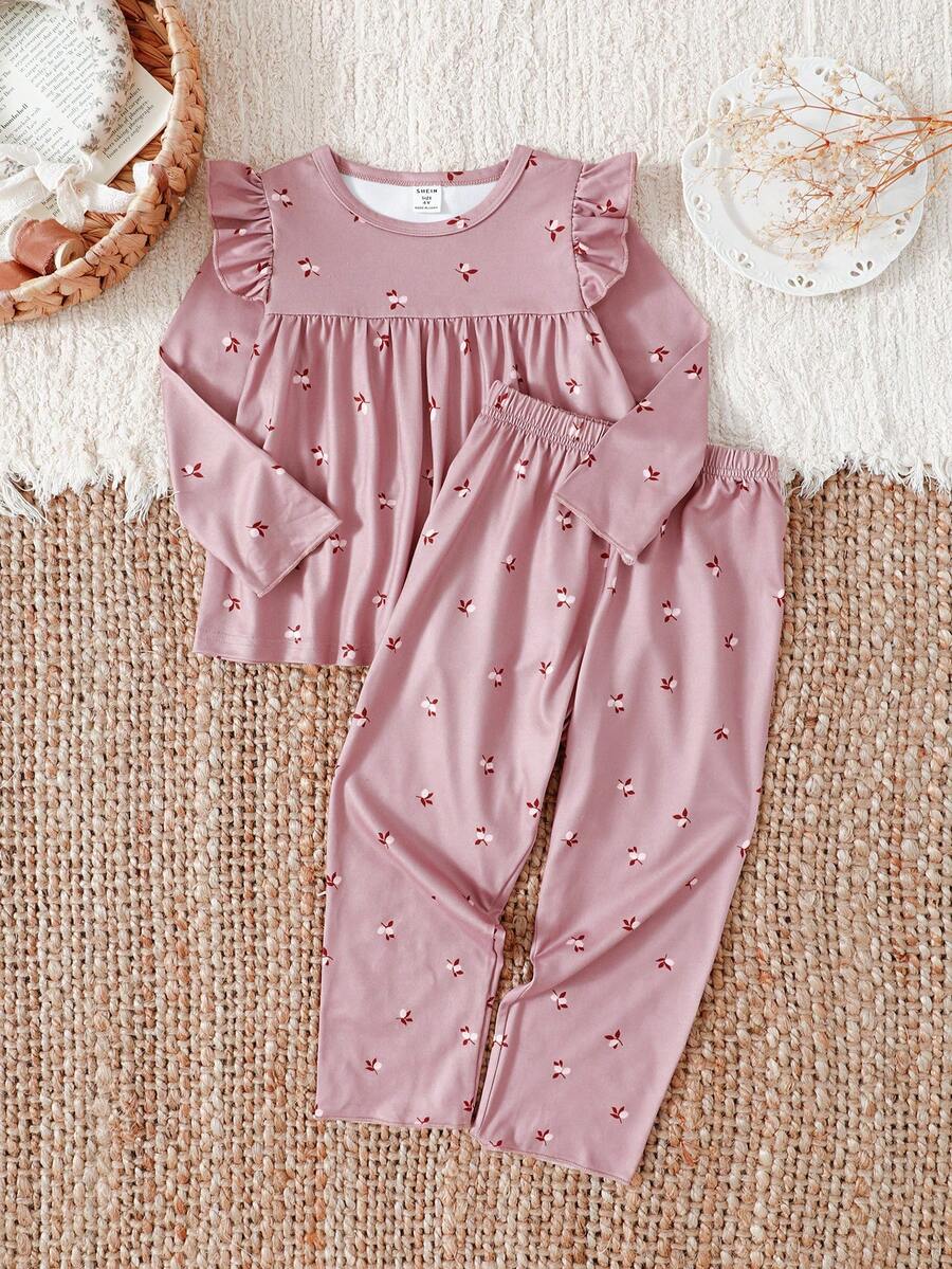 SHEIN 2 Stücke/Set Elegantes Mädchen Ditsy Blumen Rundhals Langarm Top und Hose, bequemer Pyjama Set - Pink - Übersicht 1