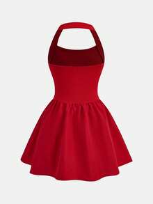 Firerie Kids Firerie Kids Tween Girls Casual Elegant Red Knit Spaghetti Strap Snug Fit Ruffle Hem A-Line Dress, Suitable For Valentine's Day, Halloween, Party, Outing, Back To School Outfit - Red - View 2