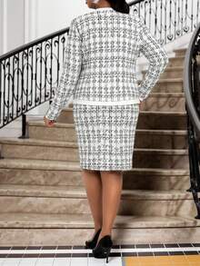 SHEIN Lady 秋冬优雅通勤办公室彩色针织铅笔中长袖大码套装女士冬装感恩节冬装冬季服装优雅服装 - 白色 - 查看 3