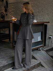 Livesso 两件套女士条纹高领上衣和休闲直筒裤，秋冬季通勤穿搭 - 黑與白 - 查看 5