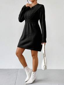 SHEIN LUNE Gaun Sweater Lengan Panjang Leher Bulat Kasual Minimalis Warna Polos untuk Wanita - Hitam - View 4