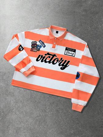 Street Life Men's Letter & Stripe Print Polo Collar Long Sleeve Casual Sweatshirt