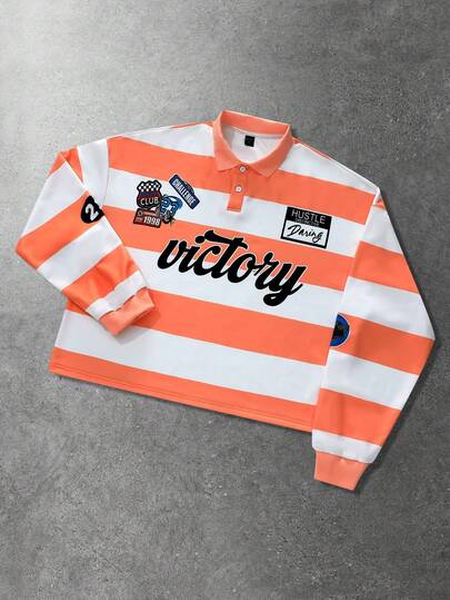 Street Life Men's Letter & Stripe Print Polo Collar Long Sleeve Casual Sweatshirt