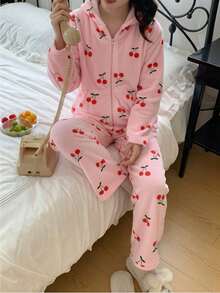 女童舒适休闲柔软双面法兰绒樱桃印花长袖长裤睡衣 - 粉色 - 查看 9