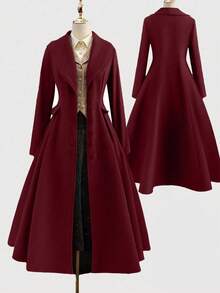 Sweetra 大码优雅外出上衣，秋冬复古百搭休闲修身优雅棕绿色长款喇叭外套收腰连衣裙 - 酒紅色 - 查看 1