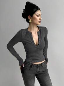 DAZY 女士半拉链长袖修身T恤