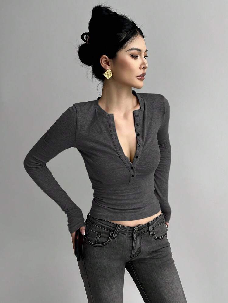 Women's Half-Zip Long Sleeve Bodycon T-Shirt