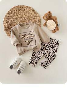 Newborn Baby Girl Leopard Print Long Sleeve Sweatshirt And Pants Set, Autumn/Winter - Khaki - View 9