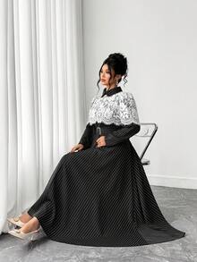 SHEIN Elenzya Plus Size Lace Patchwork Collared Striped Waist A-Line Dress, Autumn/Winter - Black - View 5