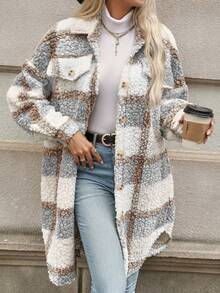 SHEIN PETITE PETITE Women's Autumn/Winter Long Sleeve Double Pocket Plaid Fluffy Jacket - Multicolor - View 6