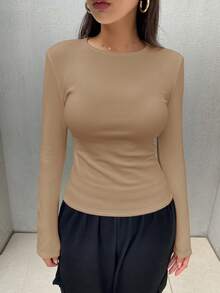 FRIFUL 女式纯色圆领长袖修身休闲T恤 - 卡其色 - 查看 4