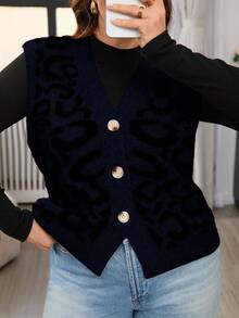 SHEIN Frenchy Plus Size Casual Leopard Print Knit Vest Cardigan In Fall/Winter - Multicolor - View 3