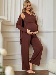 SHEIN 3pcs Maternity Casual Nursing Tank Top, Pants And Jacket Set, Autumn