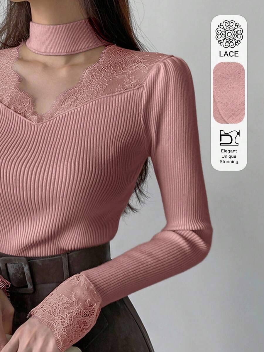 DAZY 女士撞色蕾丝镂空修身长袖毛衣,白色,春秋季 - 粉色 - 查看 1