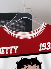 Betty Boop x SHEIN 男士休闲宽松卡通人物及数字印花撞色短袖T恤，时尚街头风，夏季 - 白色 - 查看 6