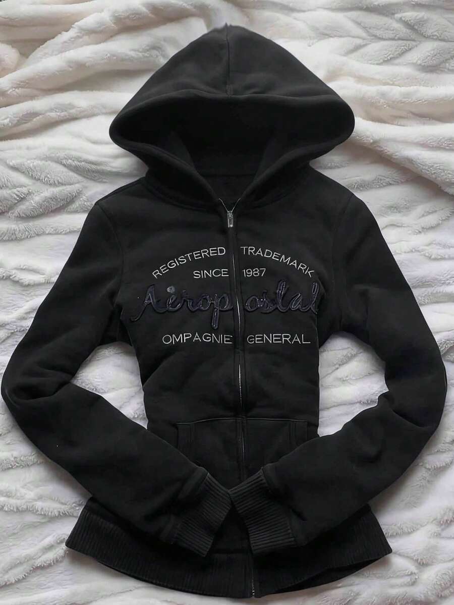 Glimmora Y2K风格女式复古字母印花卫衣，时尚休闲连帽卫衣，适合秋冬季日常穿着 - 黑色 - 查看 1