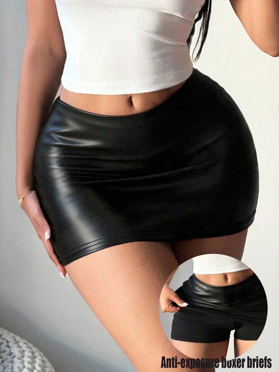 SHEIN SXY Women's Casual Sexy PU Tight Low-Waist Mini Skirt,Halloween Skirt,Halloween Clothings - Black - View 1
