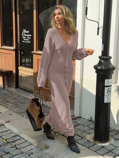 Livesso Women's V-Neck Lantern Sleeve Long Knitted Sweater Dress, Autumn