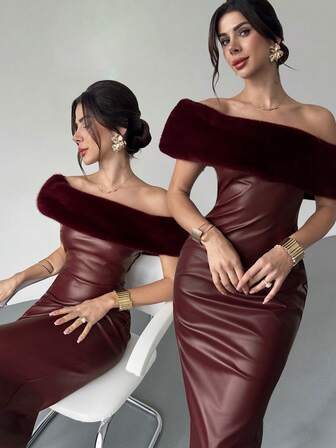 Firerie Women's Casual Elegant Faux Fur Collar PU Slim Fit Dress, Ankara Red/Burgundy Dress/Autumn Winter Women/Christmas Party Dress/New Year Dress/Thanksgiving Outfit For Women/Elegant Dresses For Party/Sexy Dress/Red Dress For Women/Cozy Fall And Winter Clothes For Women